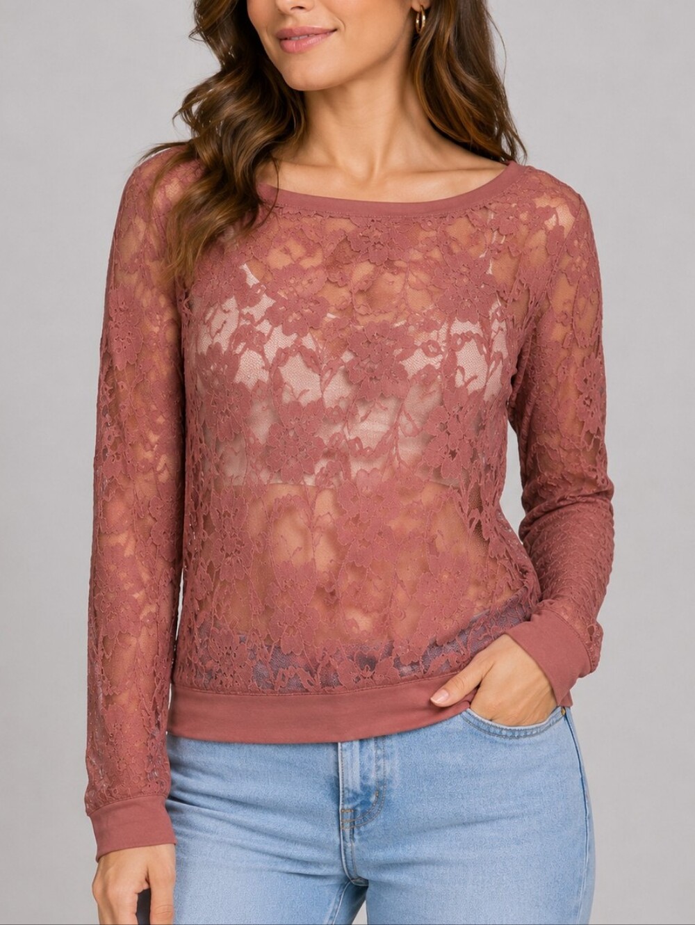 KYLEE | Women's Mauve Floral Lace Long-Sleeve Layering Top Size M